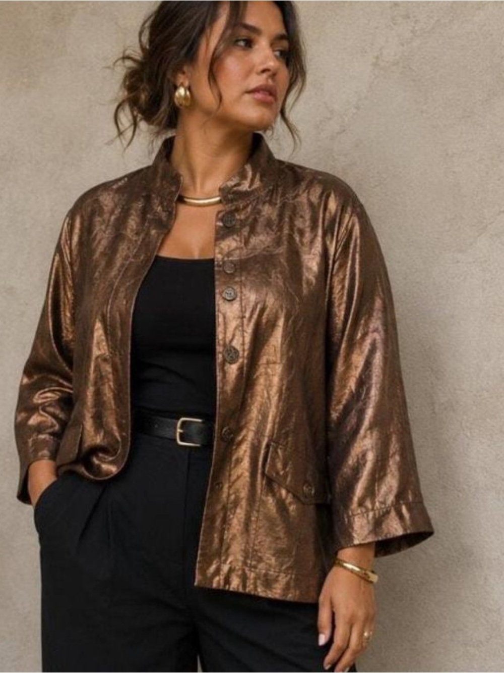 Chico’s Sz 3 Bronze Metallic Mandarin Collar Button Front 3/4 Sleeve Jacket XL